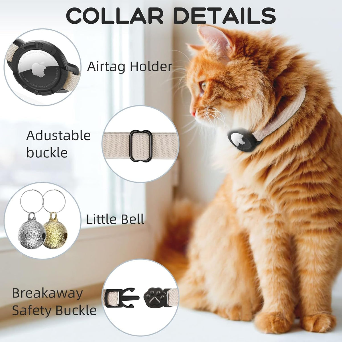 AirTag Cat Collars, Stretchy Collar with Air Tag Holder and Bell – Essentials for Cats - Khaki - image 3