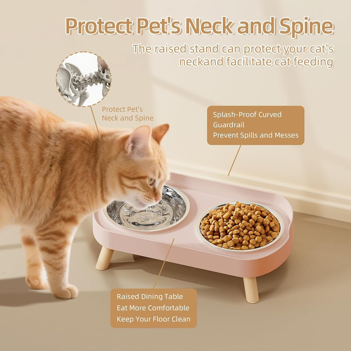 Elevated Cat Bowl, Raised Cat Food and Water Bowl Set for Indoor Cats, Splash Proof with 2 - Cat Bowls-Pink - image 3