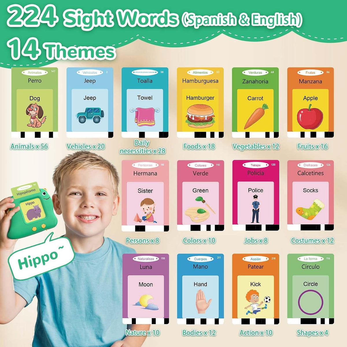 Alotwan Talking Flash Cards with 510 Sight Words - Green / 224 Words Bilingual - image 3
