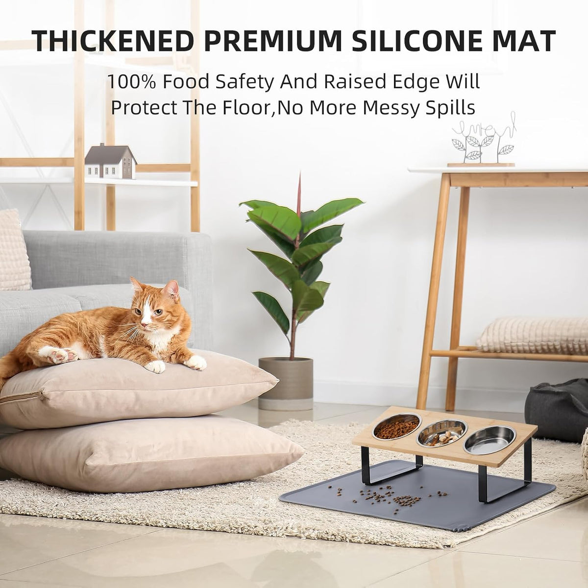 Upgraded Elevated Cat Bowls with Food Mat - Bamboo-3Bowls - image 4