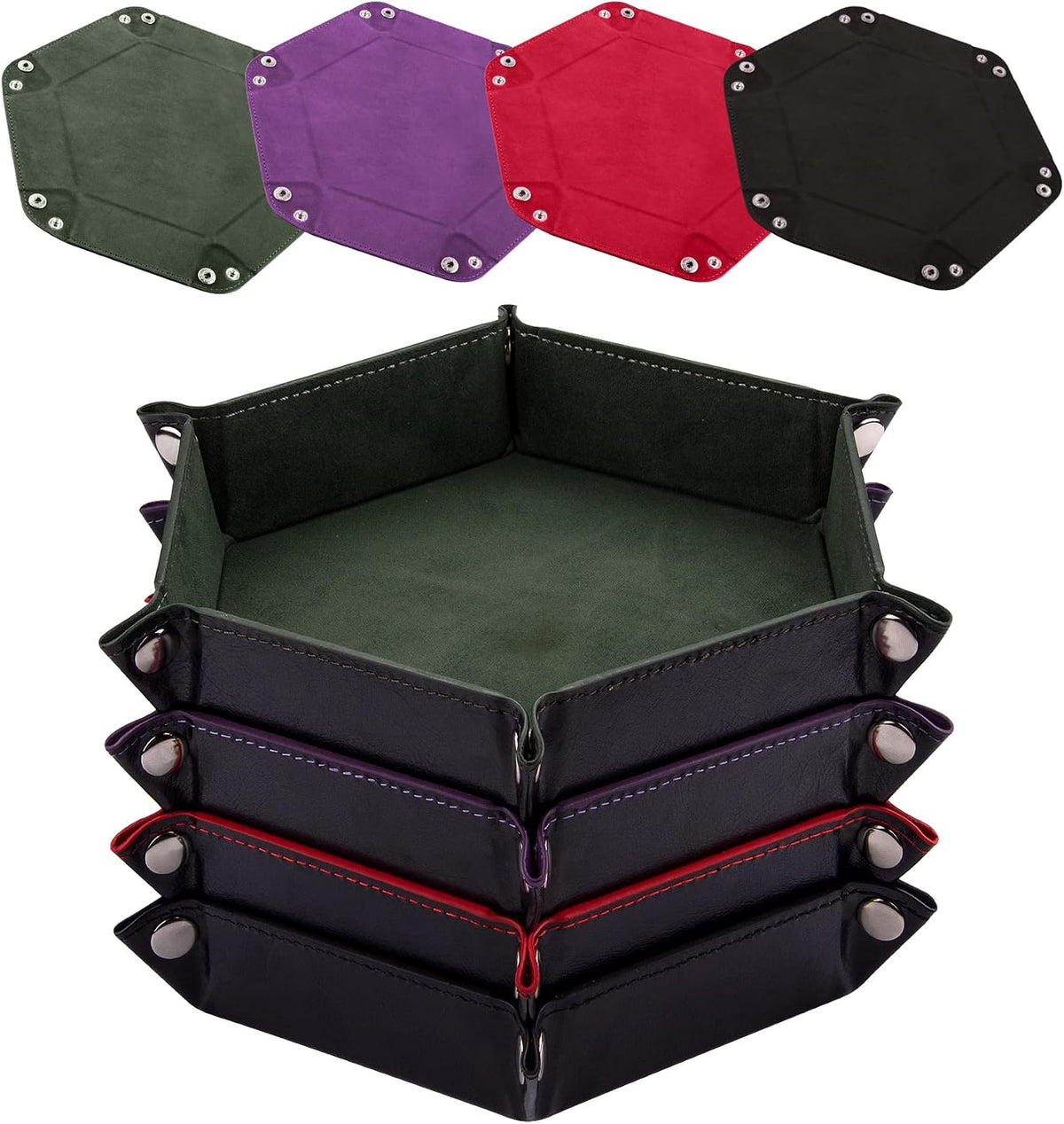 SIQUK 4 Pieces Dice Tray Set Foldable Dice Trays Hexagon Dice Rolling - Dark Green, Violet, Red, Black