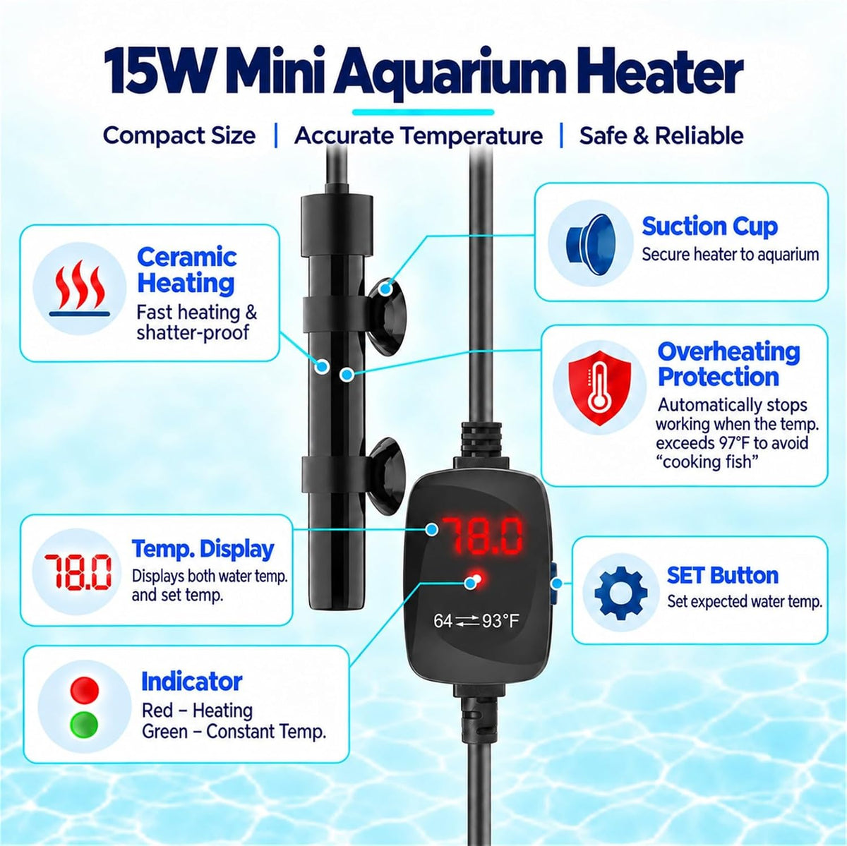 Thumb-Sized 15W Super Mini Aquarium Heater with Digital Display - For Aquariums ≤ 3 Gal - image 2