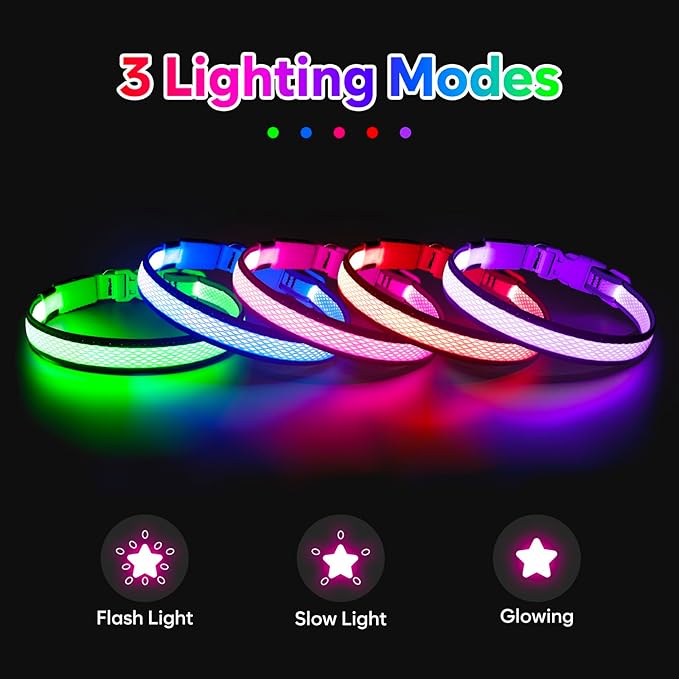 Flashseen LED Dog Collar, USB Rechargeable Light Up Dog Collar Lights, Adjustable Comfortable Soft Mesh Safety Pet Collar for Small, Medium, Large Dogs (Large, Candy Pink)