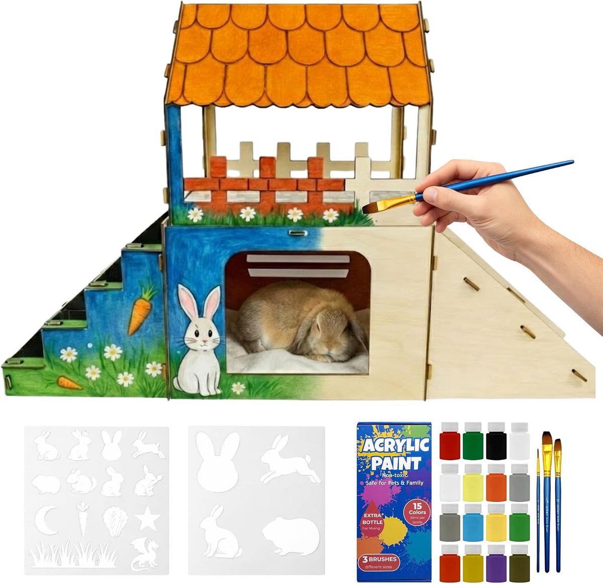 Extra Large Bunny Hideout, Wooden Rabbit Castle with Fleece Mats – Essentials for Small Pets - DIY Paint Kit