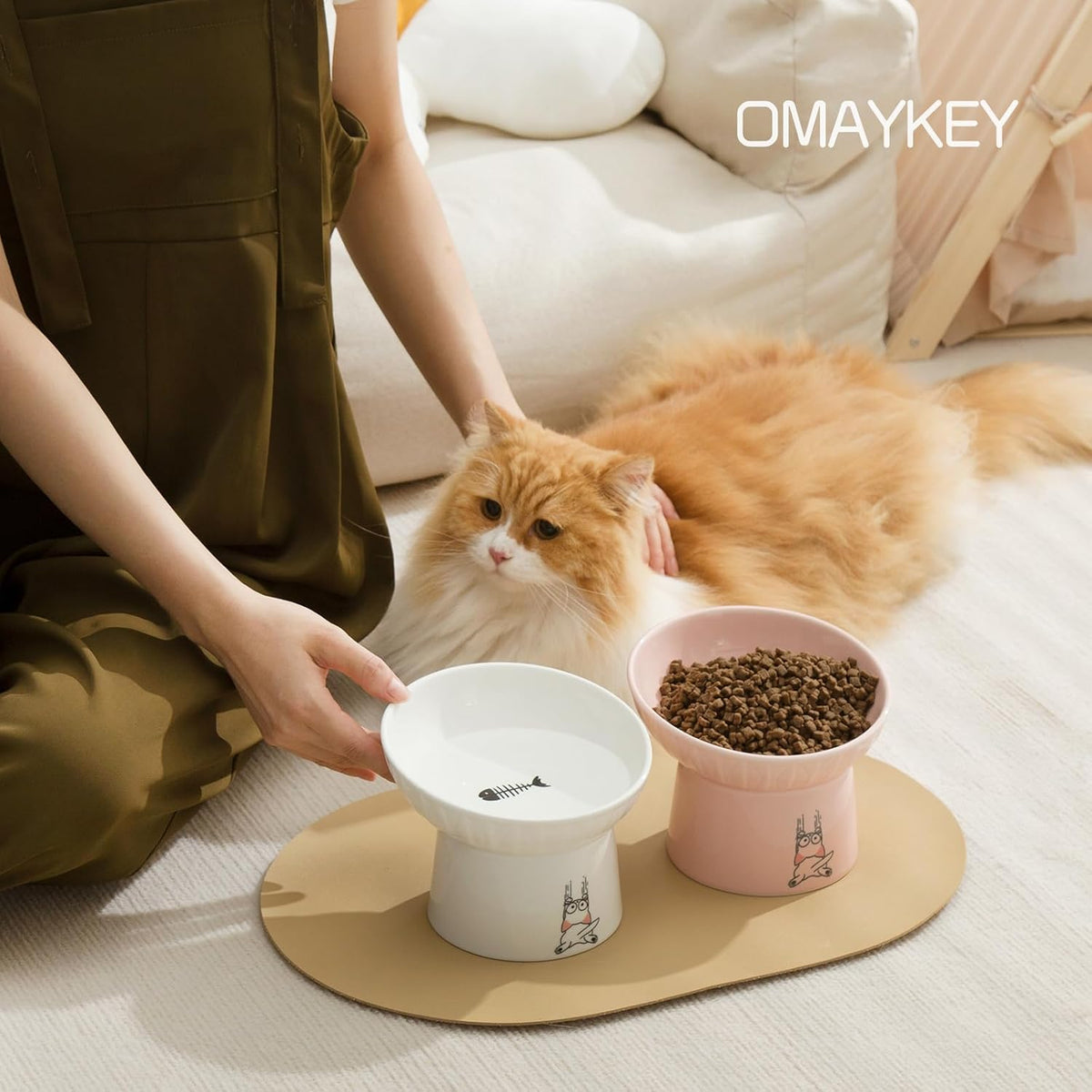 6.5 Inch Extra Wide Ceramic Raised Cat Bowl Set - White & Pink - image 2