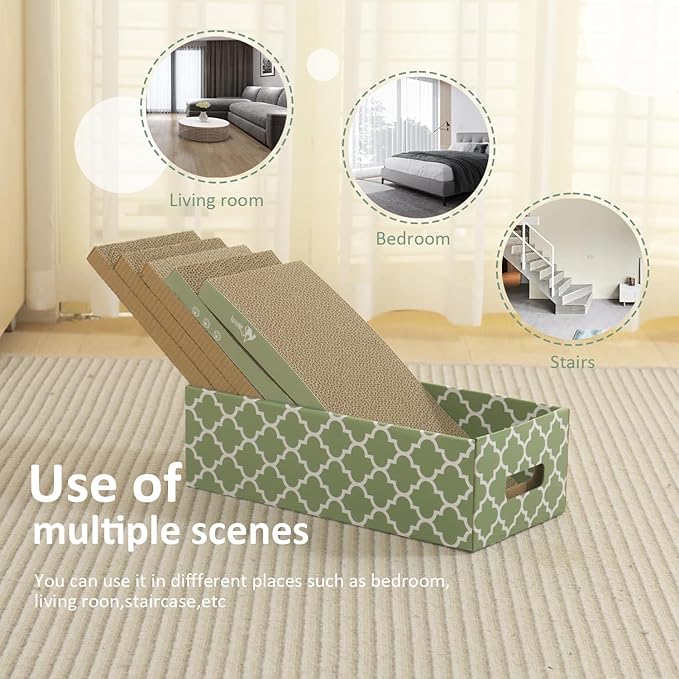 MECOOL Cat Scratching Board，5PC Cat Scratch Pad with Box，Reversible Corrugated Cat Scratcher Cardboard and Lounge Bed for Indoor Cats, Catnip