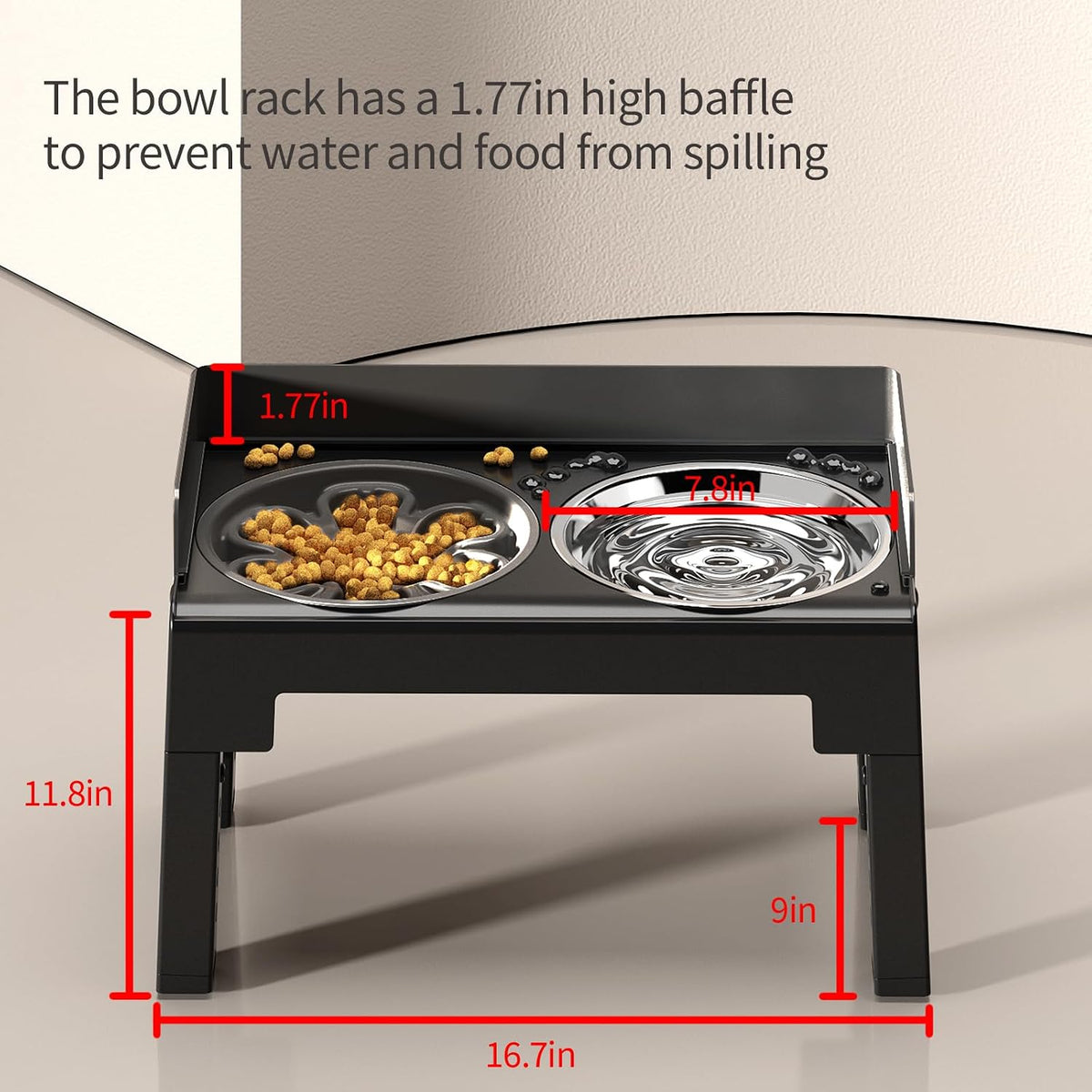 Elevated Dog Bowls for Medium and Large Dogs - 1 Slow Feeder Bowl + 1 Stainless Steel Bowl / Black - image 3