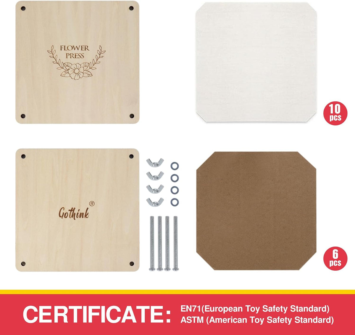 GOTHINK wooden flower press kit, 6 x 6 inches with basswood plates and blotting paper - view 3