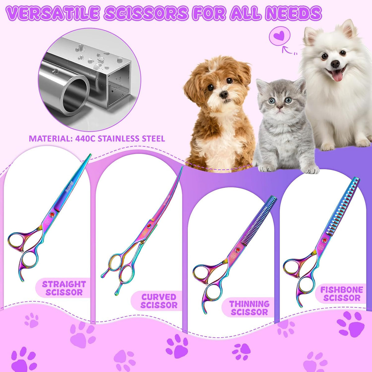 Professional Dog Grooming Scissors Set - 7 Inch (Pack of 5) / Rainbow - image 3