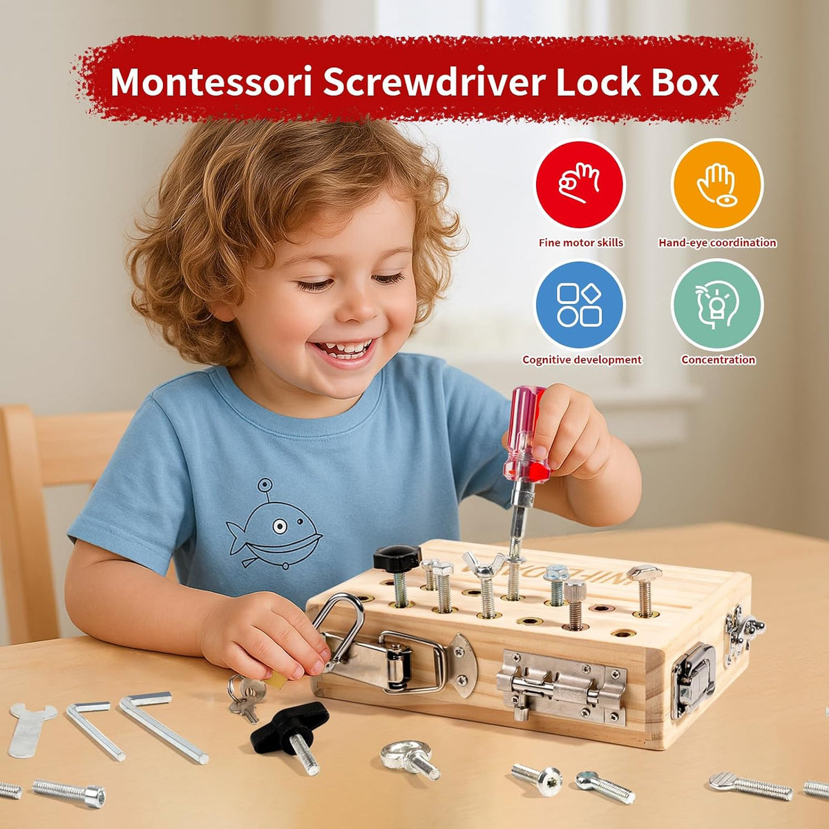 INIFEIDALA Montessori wooden screwdriver board with locks, latches and tools - view 2