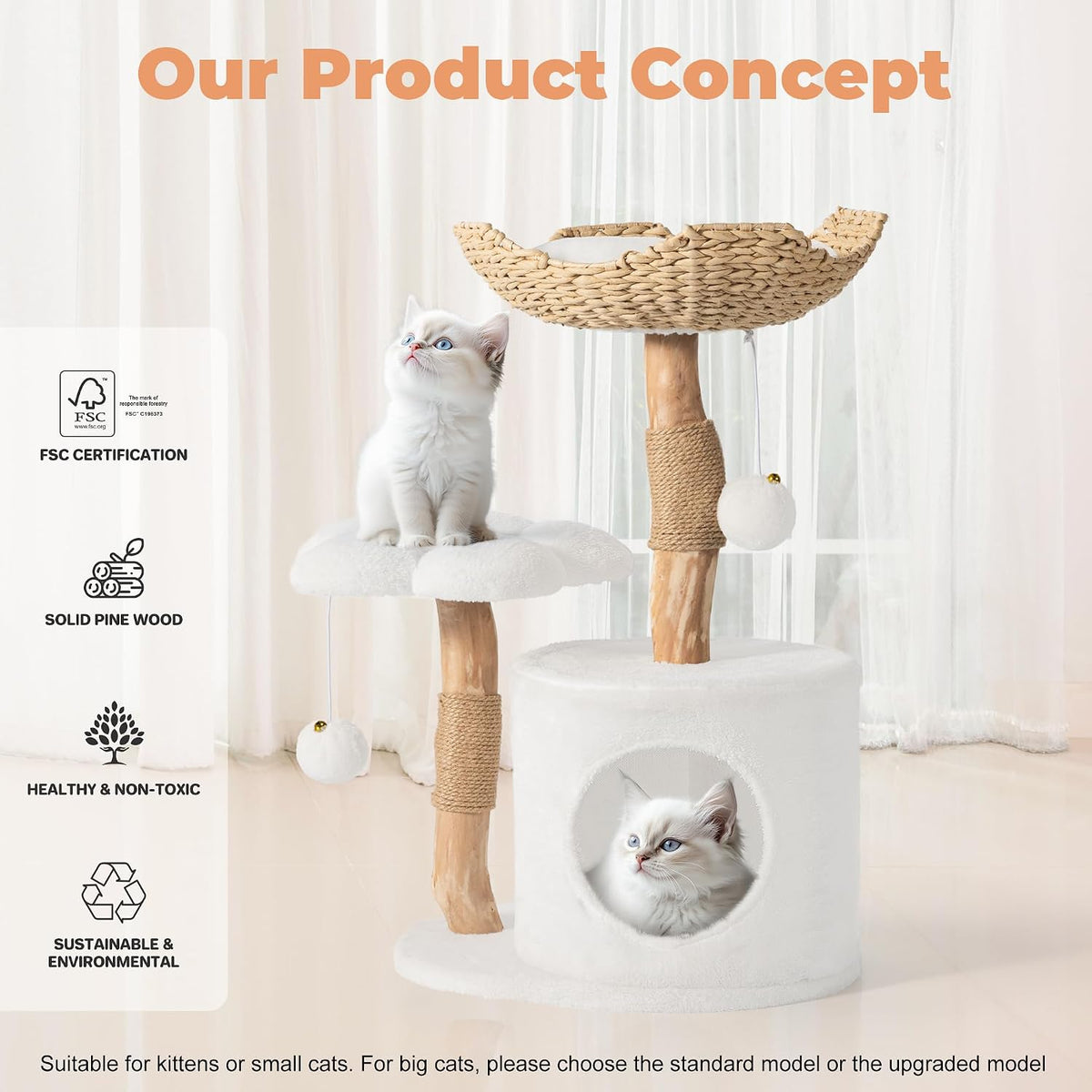 Easyego Modern Cat Tree, 26.3" Aesthetic Wood Cat Tree Tower for Small Cats – Essentials for Cats - White / 26.3'' - image 4
