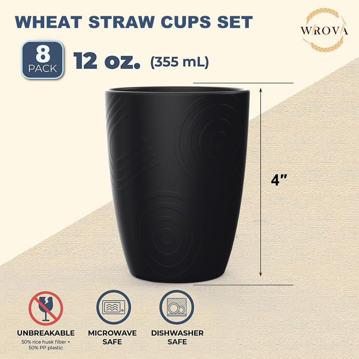 Wrova set of 8 black reusable wheat straw cups, 20 oz, stackable - view 26