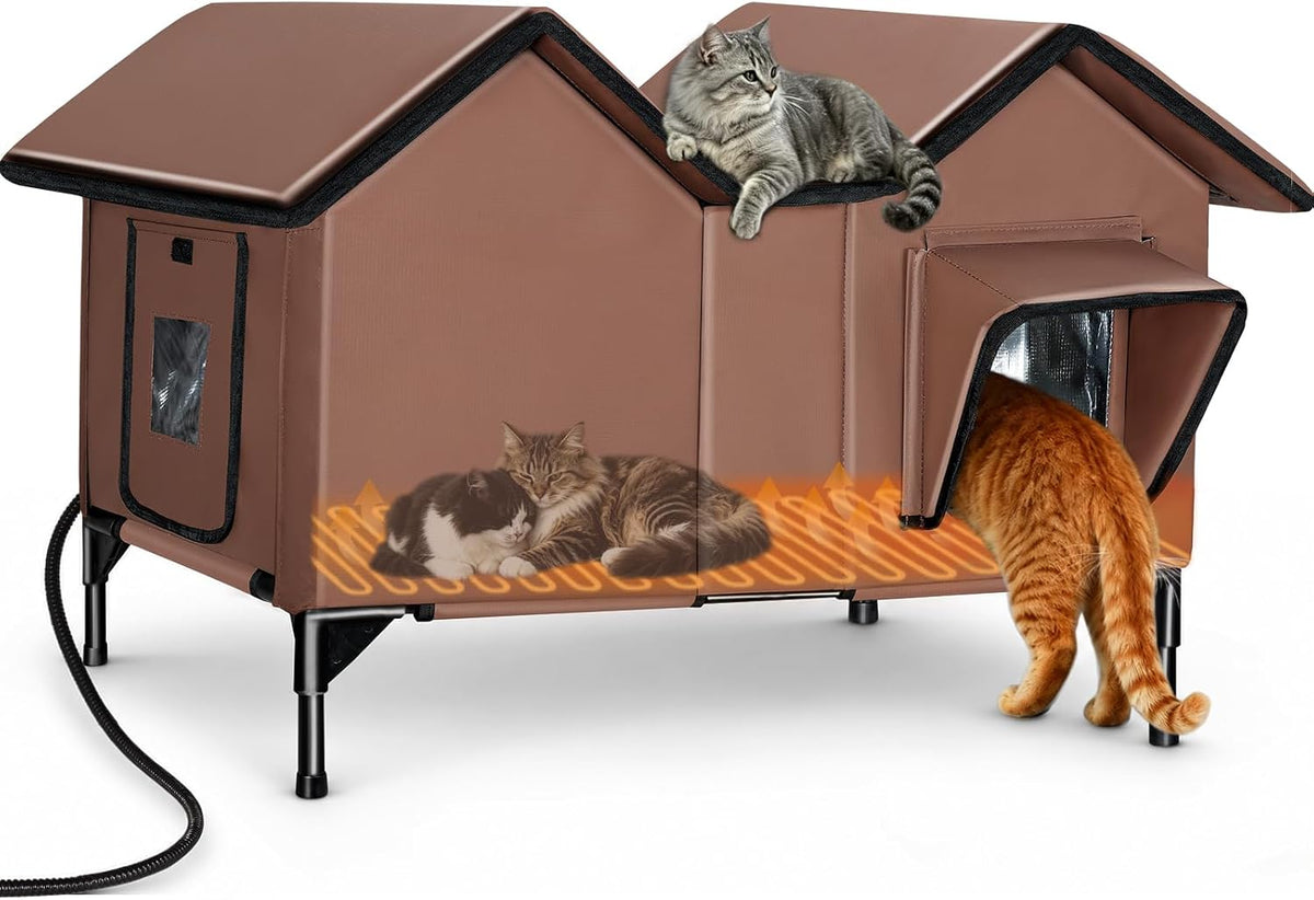 Outdoor Heated Cat House for Outside - Brown / XL