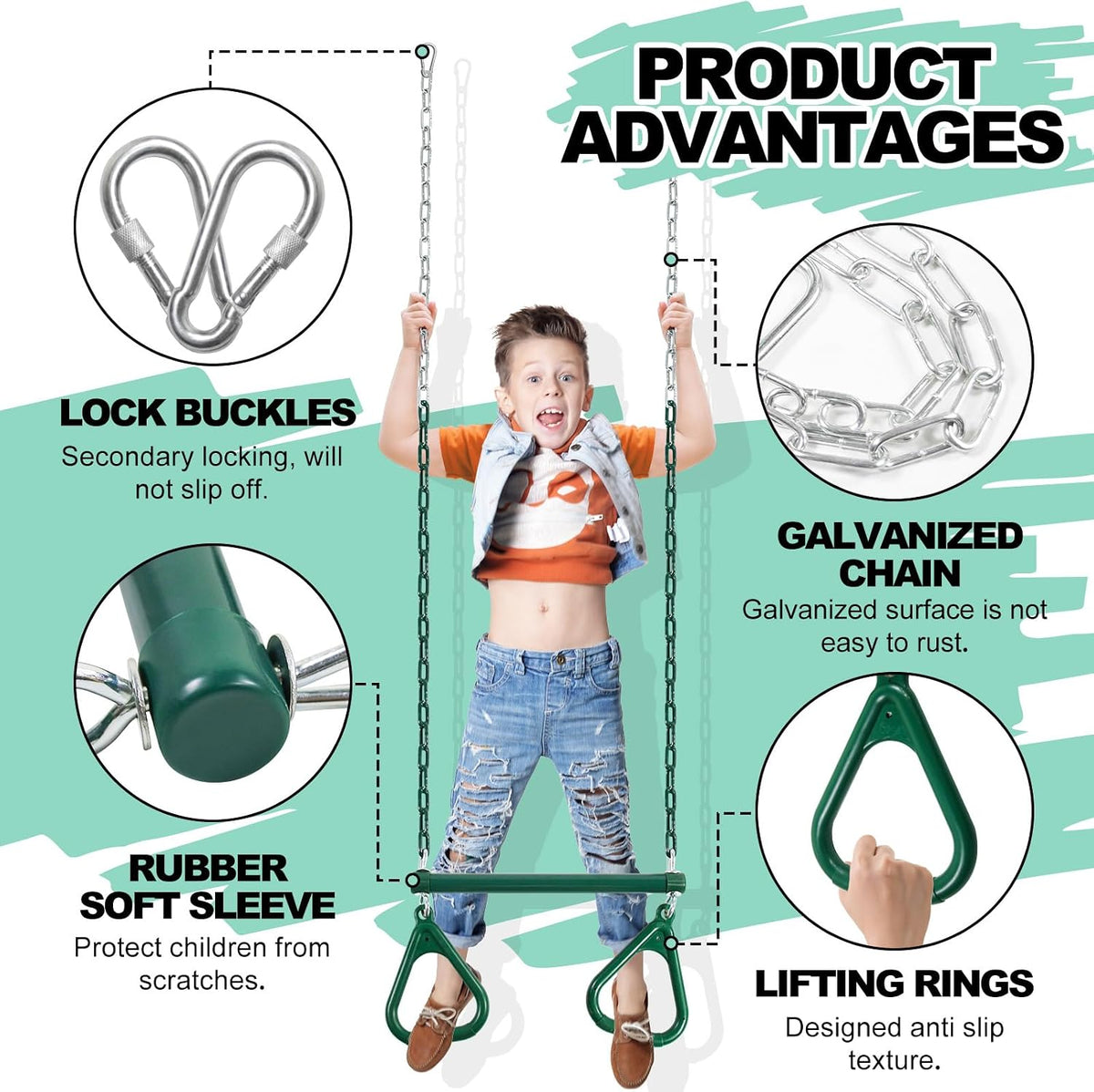 AOBOTE 16.5-inch trapeze swing bar with coated chains and snap hooks - view 9