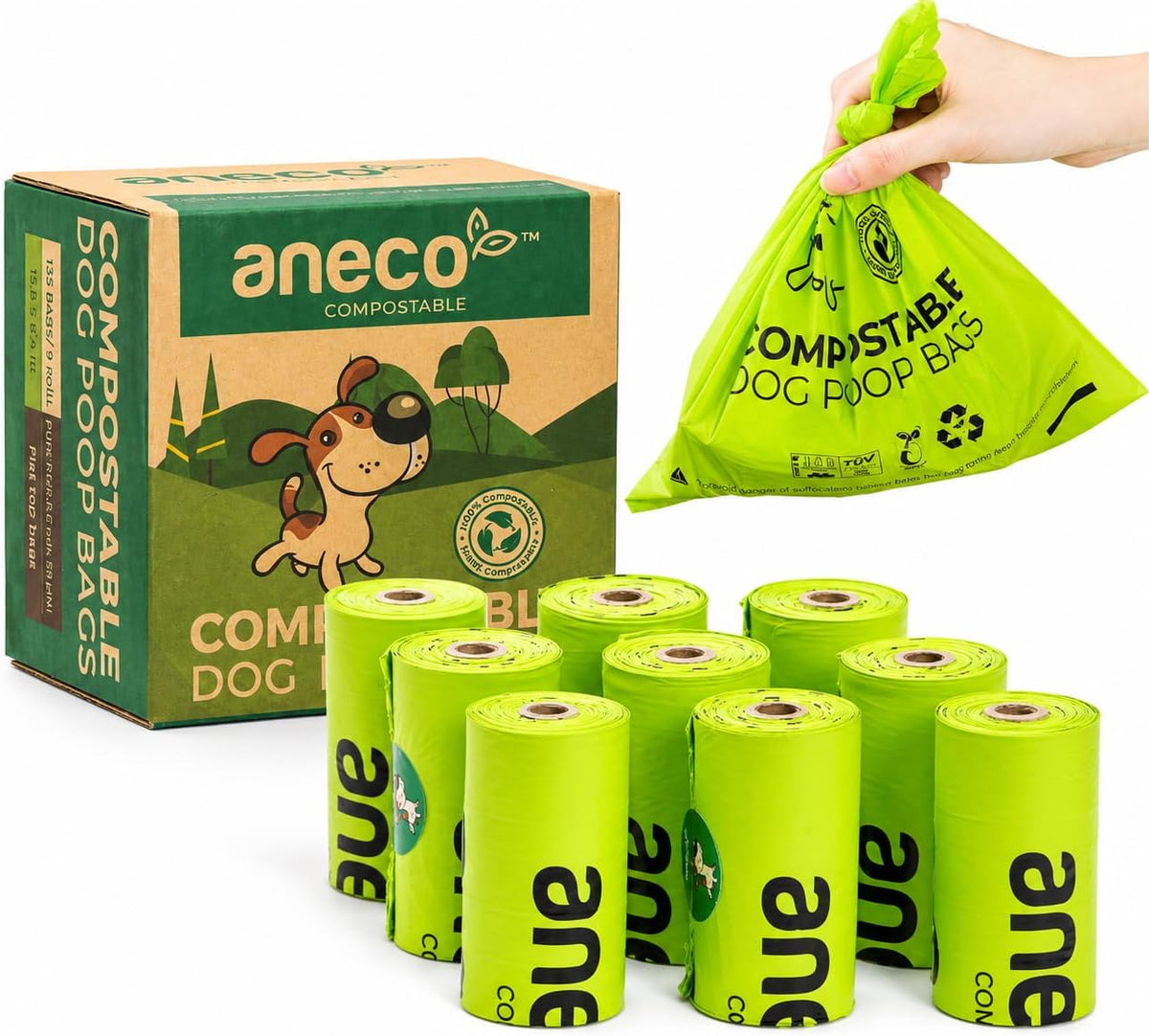 ANECO 100% Certified Home Compostable Dog Poop Bags – Essentials for Dogs