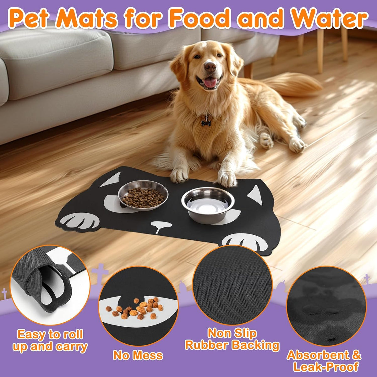 Pet Mats for Food and Water Dog Cat Food Mats Pet Feeding Mat - Black Cat - image 4