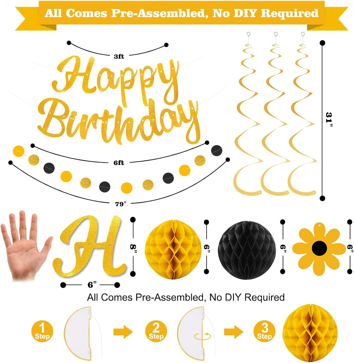 YEOCU Birthday Decorations - Black&Gold / Flower - image 4