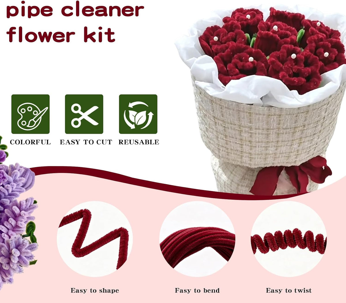 Black Pipe Cleaners for Crafts, Craft Supplies, Arts and Crafts - Rose Red - image 4