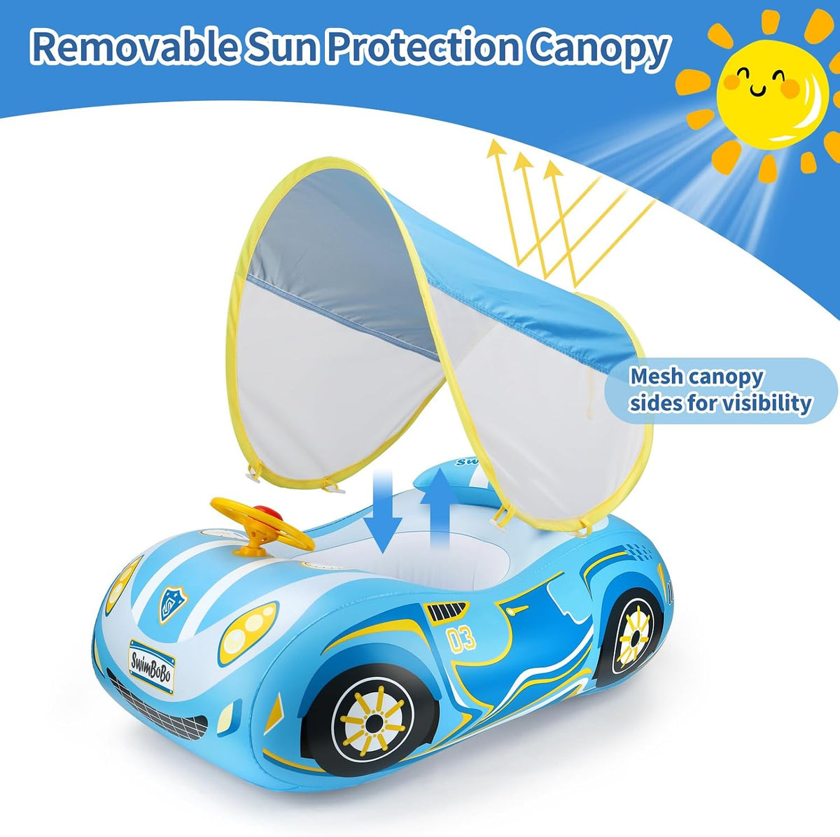 Toddler Float Inflatable Baby Swim Float with Canopy and Seat Pool - Blue Car with Steering Wheel - image 4