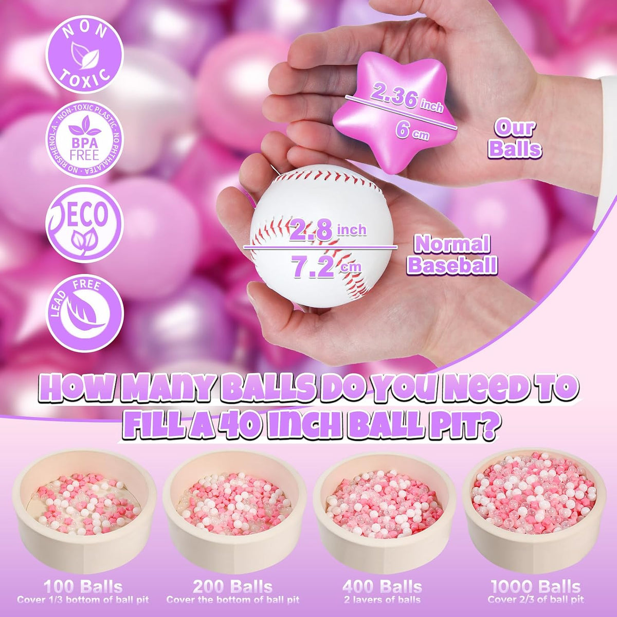 GOGOSO Ball Pits Balls for Toddlers Pack of 50 100 200 Plastics Shape - Pearl Pink+Pearl Light Pink+ Purple;Star+Heart Balls / 100 balls - image 2
