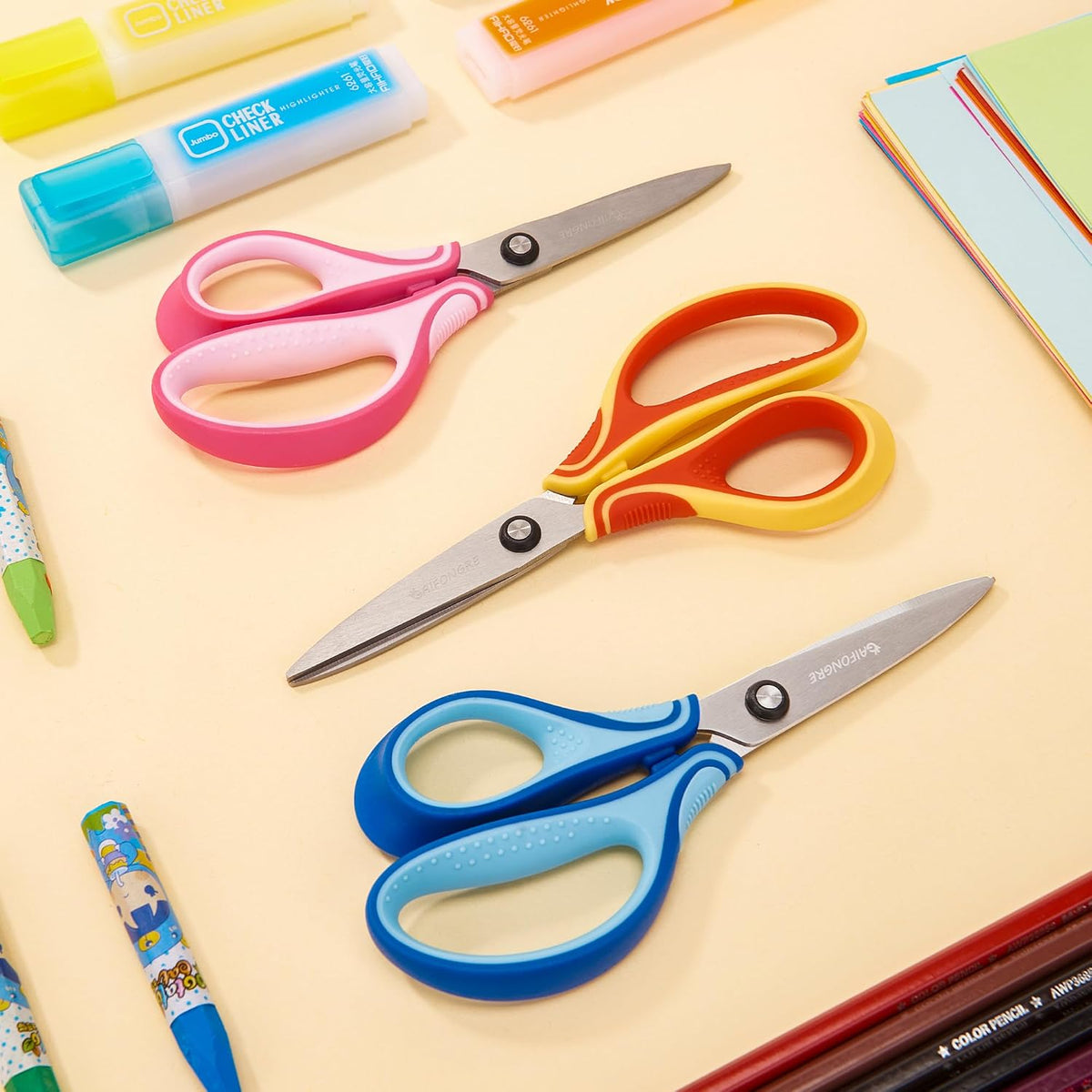 GAIFONGRE 7 inch left-handed kids scissors, 3-pack in red yellow, pink and blue - view 4