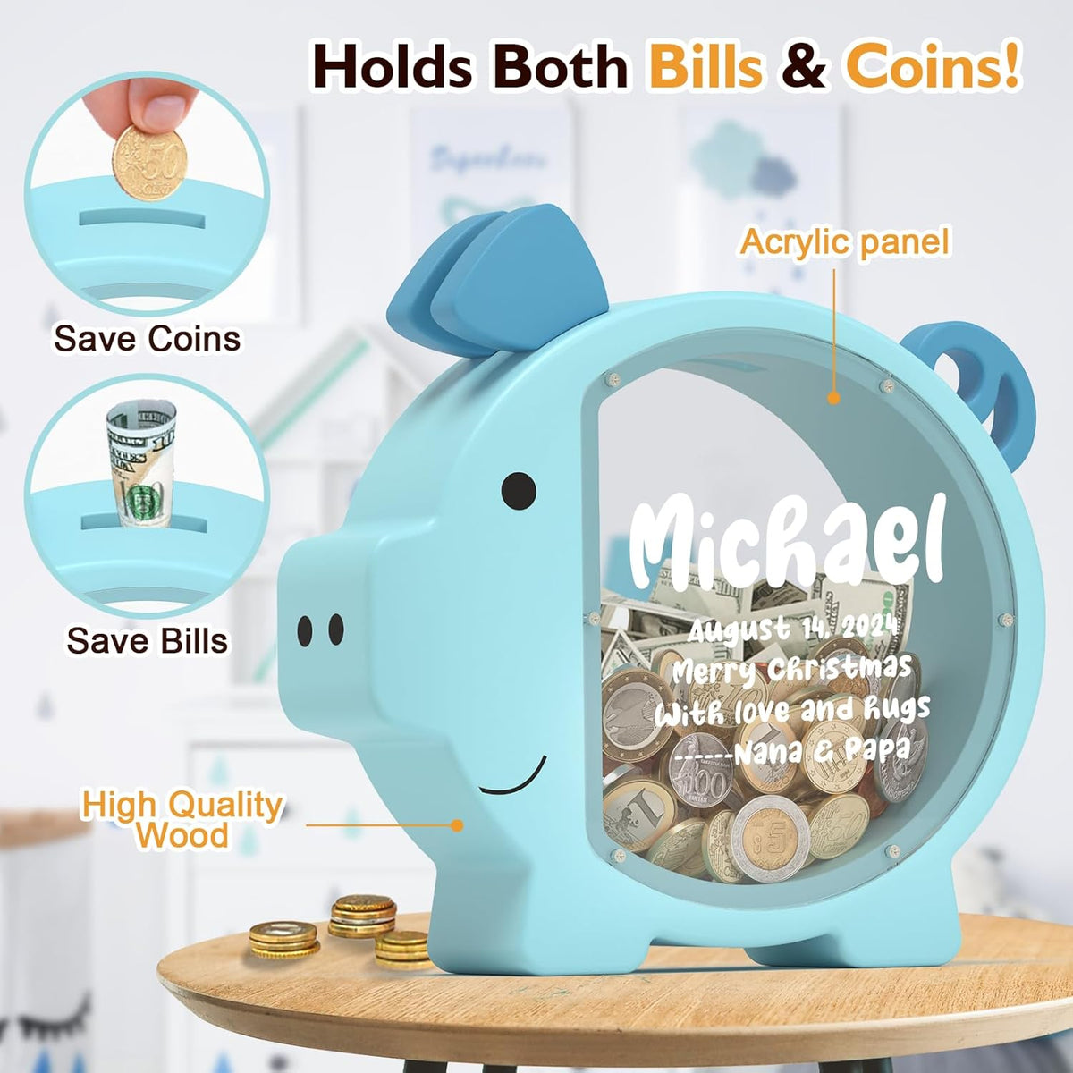 Summidate Pink Piggy Bank for Kids Girls - Blue Piggy Bank / Standard - image 4