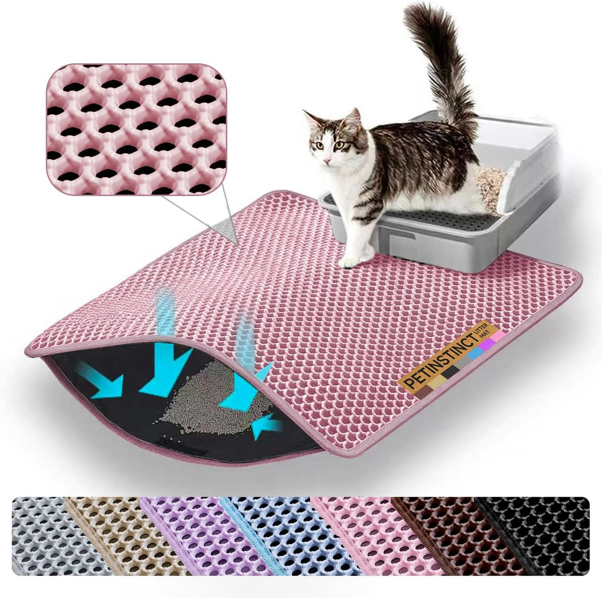 Cat Litter Mat, Double Layer Honeycomb Litter Box Mat – Daily Care for Cats - 30x22 Inches / Pink