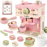 Dreamon wooden toy coffee maker set in green with cups, saucers and capsules