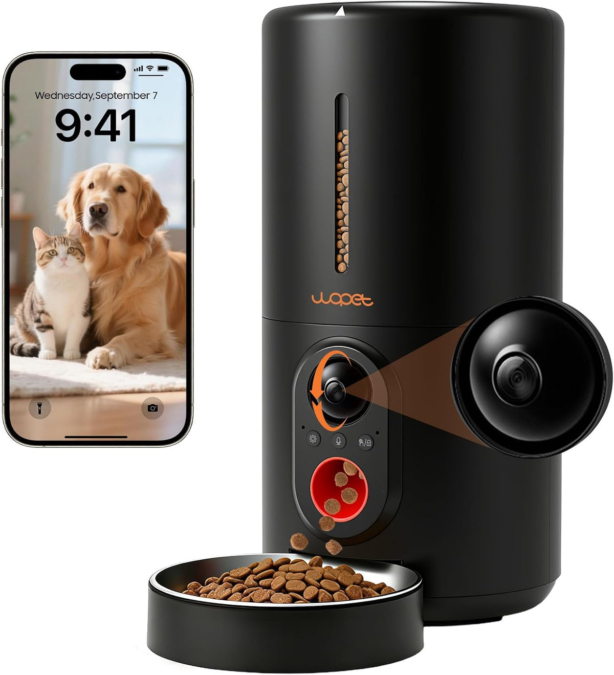 WOPET Automatic Cat Feeder with Camera for Two Cats, 2-Way Audio - Black/Orange / Camera