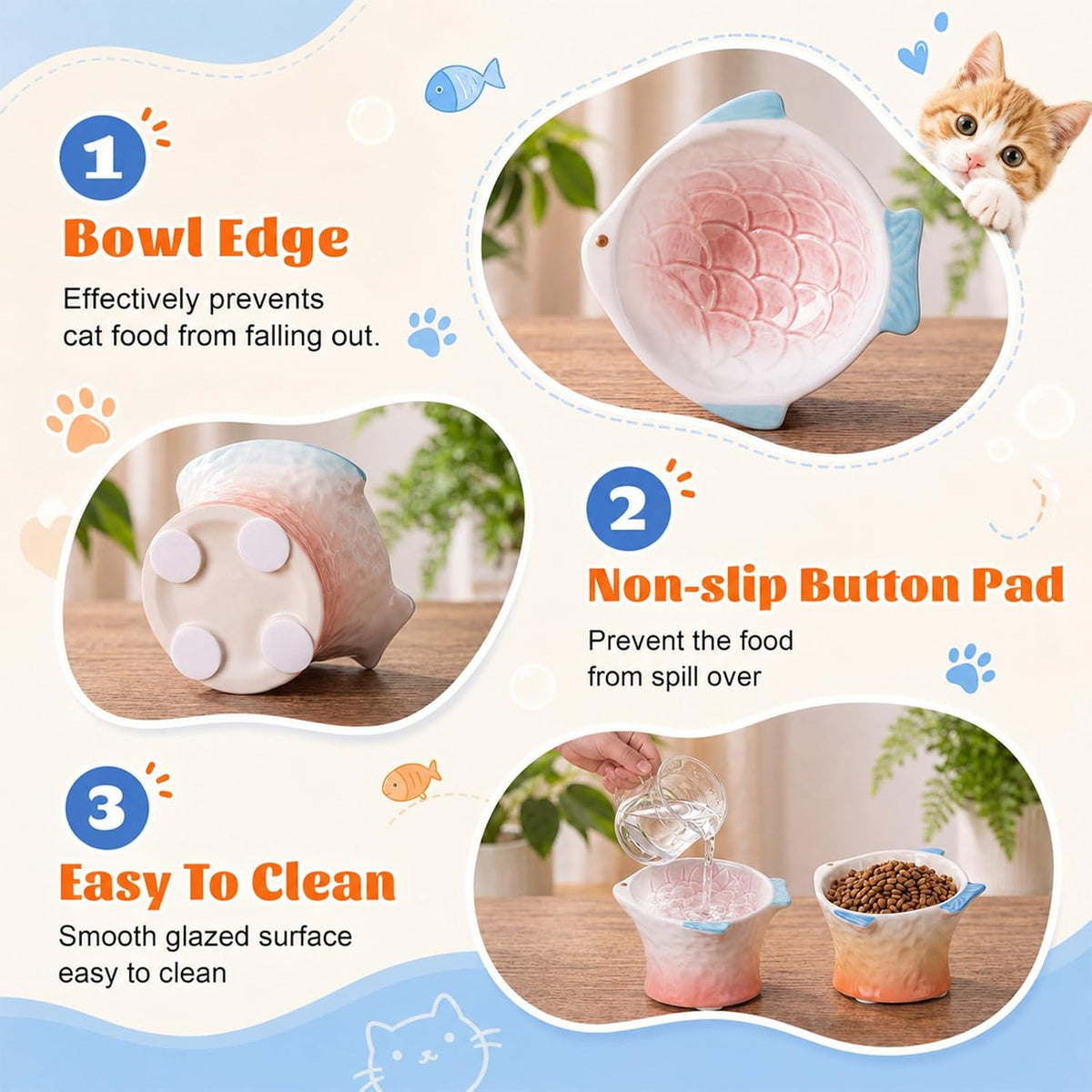 2 Pcs Elevated Cat Bowls, Raised Ceramic Food Bowls, Blue, Green – Essentials for Cats - Pink,Orange - image 3
