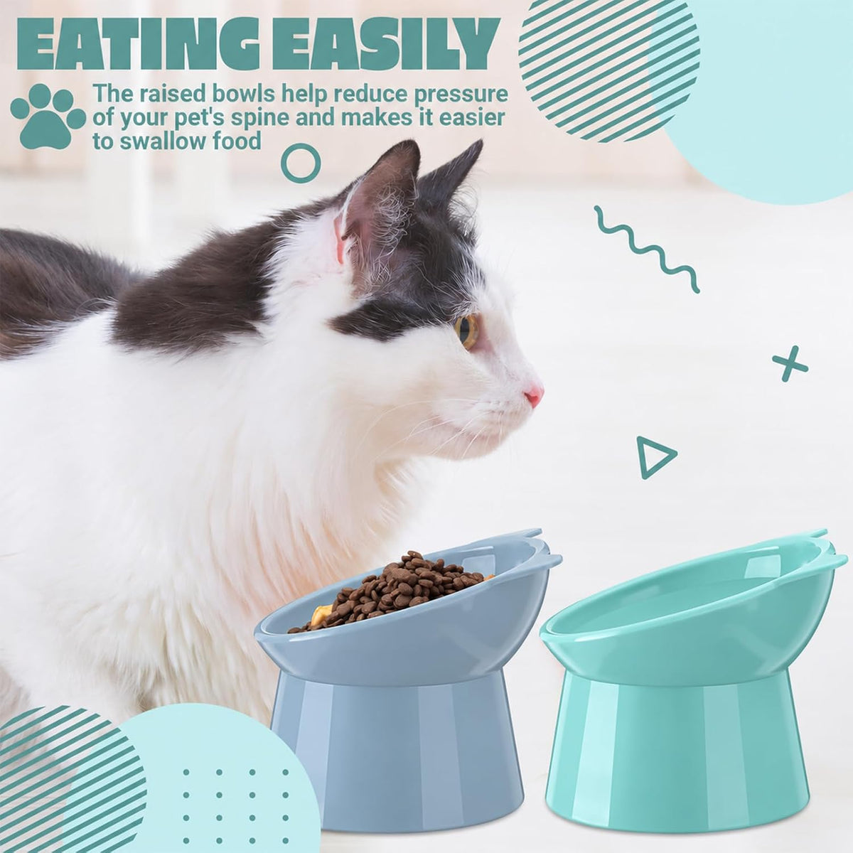Zhehao 2 Pcs Elevated Cat Bowl Set, Tilted 15° - Cat Ears / Light Green, Blue - image 4