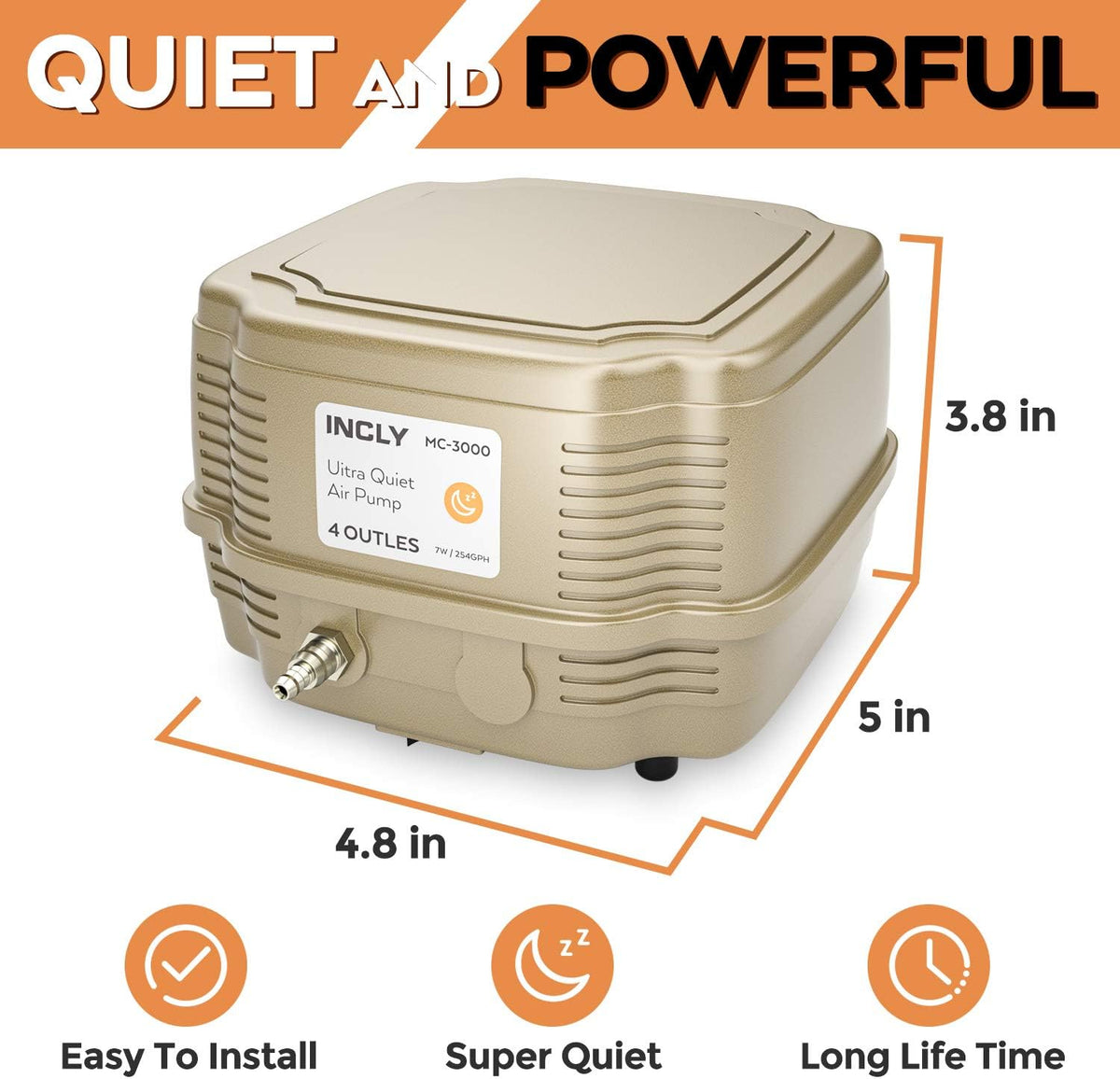 INCLY 7W Ultra Silent Aquarium Air Pump, 4 Adjustable Outlets - image 3