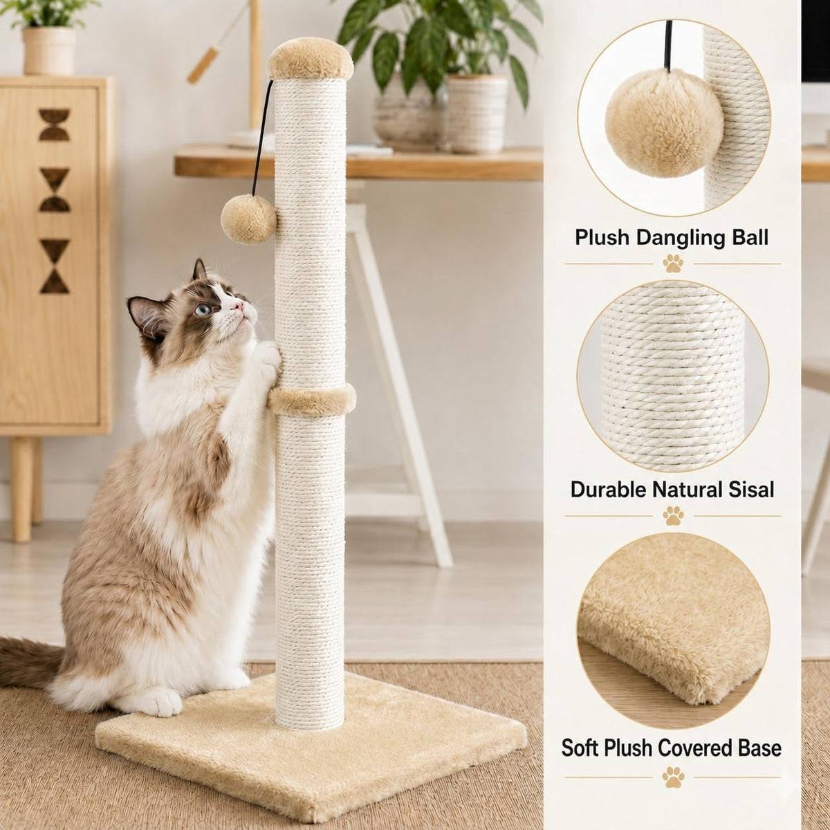 Dimaka Tall Cat Scratching Post Tree Scratcher with Sisal Rope - Light Brown / 29 inches for All Cats - image 4