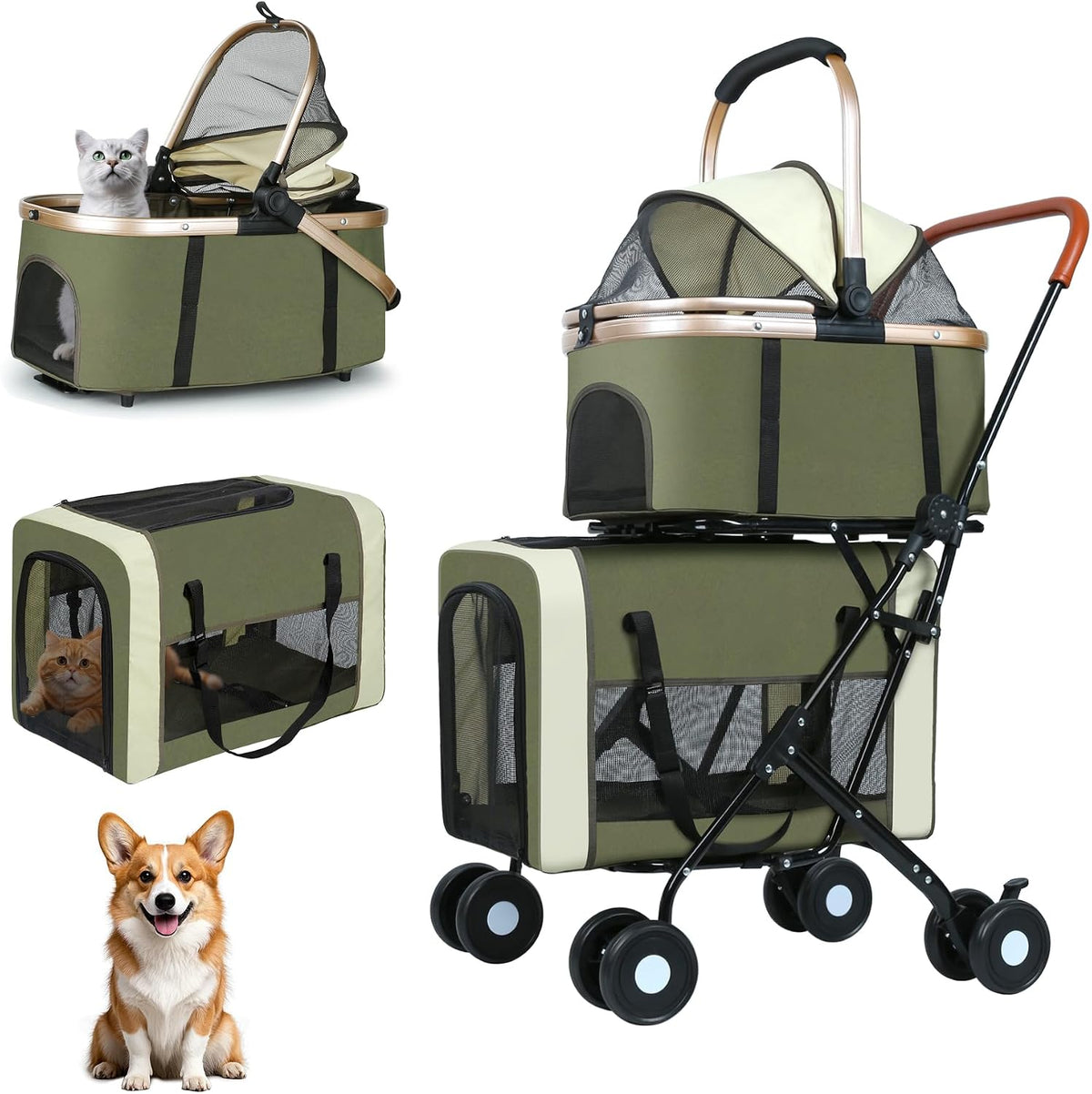 Double Pet Stroller, 4 Lockable Wheels for Small‑Medium Dogs & Cats – Essentials for Dogs - Green