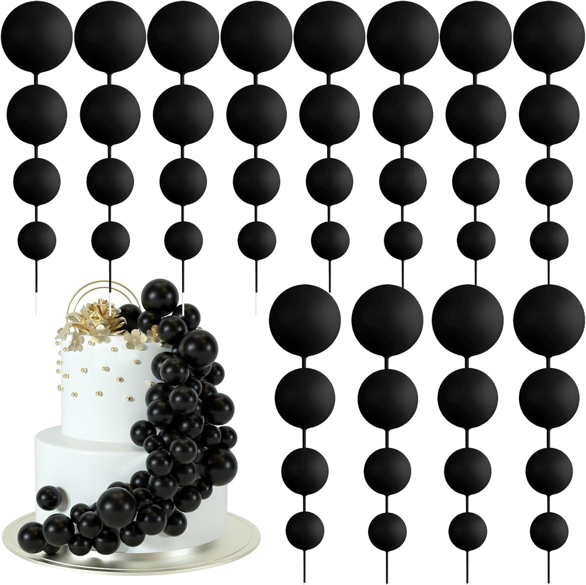 48 Pcs Balls Cake Topper Decorations Balloon Cupcake Toppers Foam - B03-black