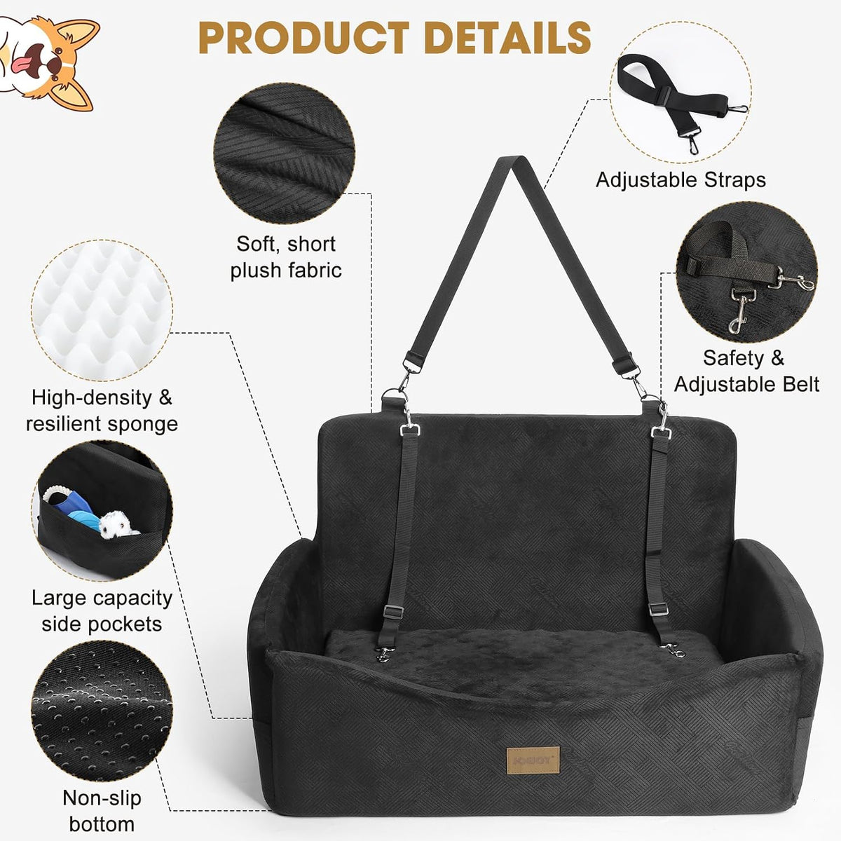 JOEJOY Dog Car Seats for Small Medium Dogs Under 35lbs - Black / Large - image 4
