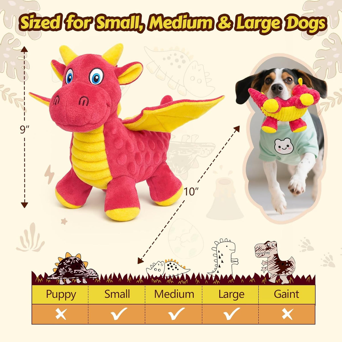 Squeaky Dog Toy, Plush Dragon with 5 Squeakers and Crinkle Wings - Pink & Purple - image 4