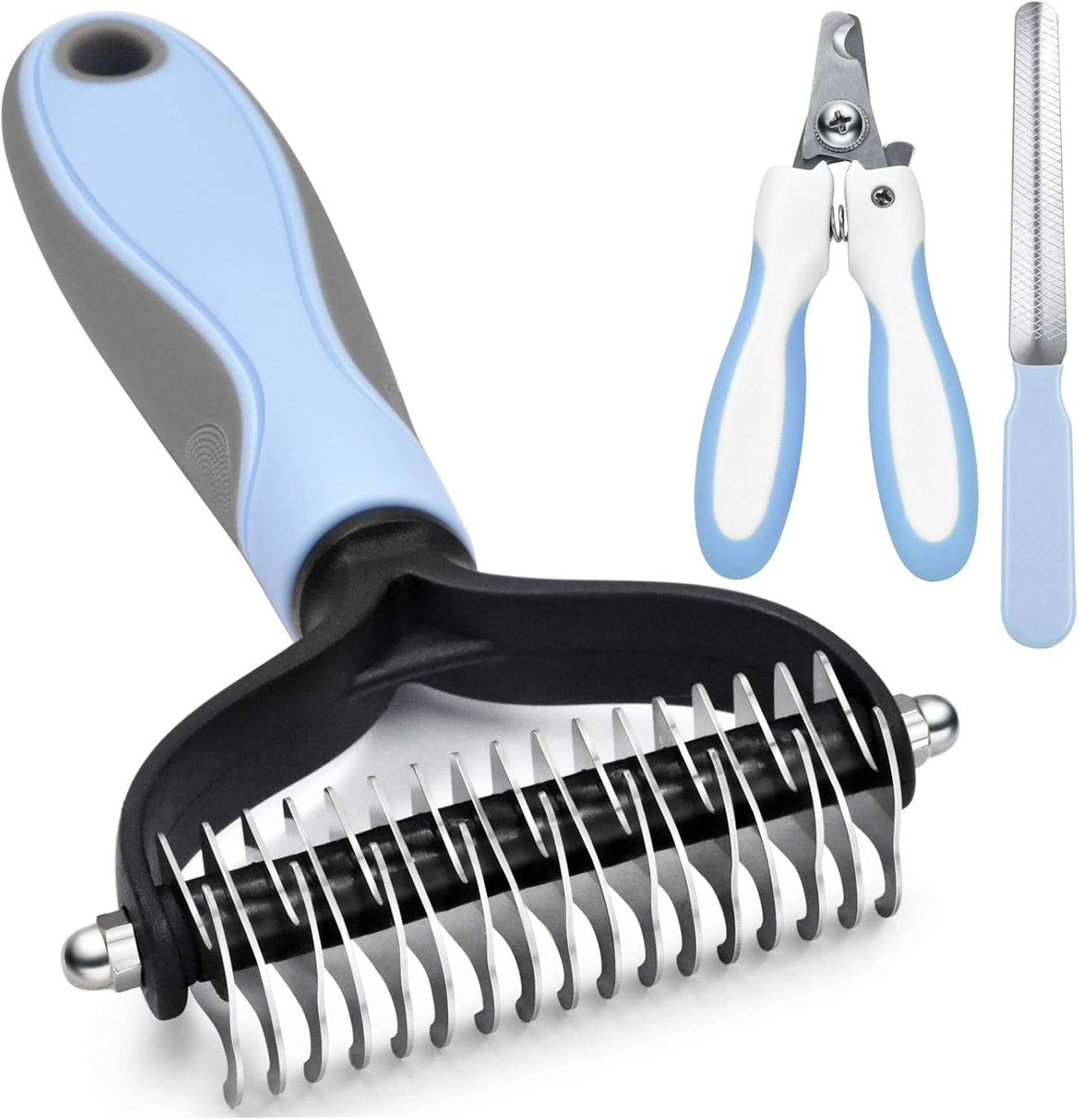 Deshedding Dog Brush, Undercoat Rake for Cats & Dogs - Blue(Rake + Clipper + File)