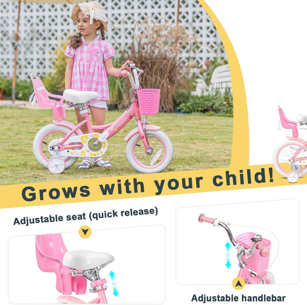 Glerc Maggie Girls Bike, 12-20 Inch Kids Bike for 2-13 Years Old Children, Princess Style Kids - Pink & White / 14 Inch - image 4