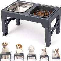 Elevated Dog Bowls with 2 Stainless Steel Dog Food Bowls - Grey / Square Slow Feeder