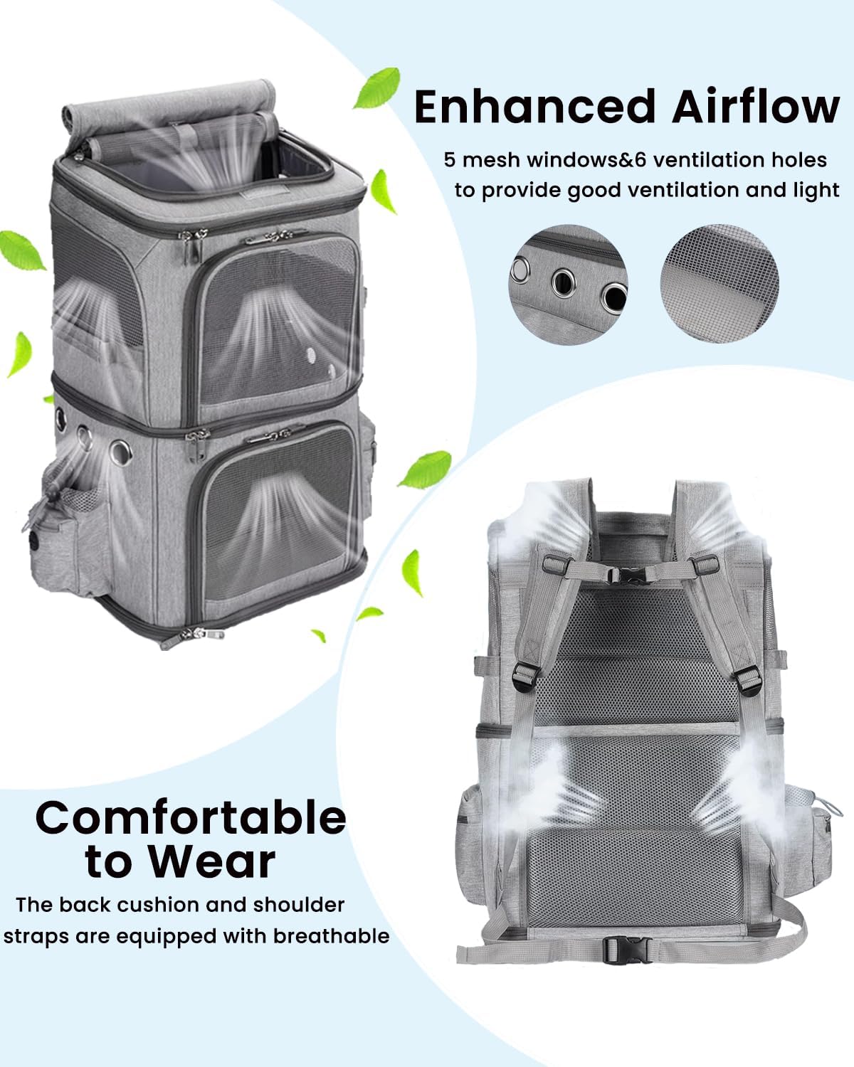 HOVONO Double-Compartment Cat Backpack Carrier for Mulit-Cat Families – Essentials for Dogs - 14.6"L x 11.2"W x 21.6"H / Grey - image 3