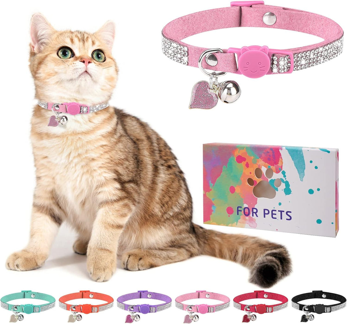 Rhinestone Cat Collar Breakaway, Bling Sparkly Diamond - Pink / 7"-9" For Cats