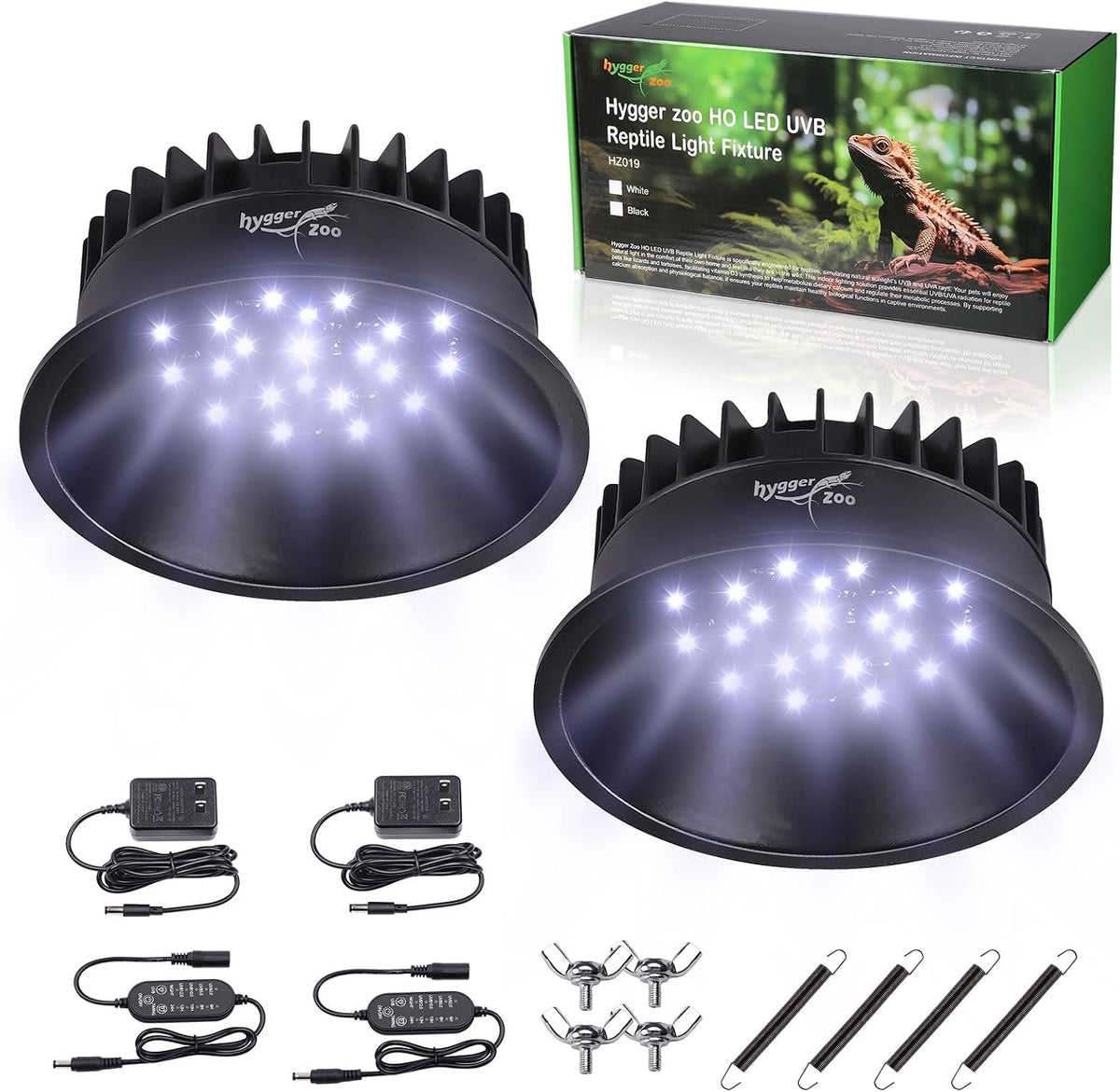 UVB Light for Reptiles, UVA UVB Reptile Light Fixture with Timer LED UVB Bulb for Bearded Dragon - 2 Pack / Black
