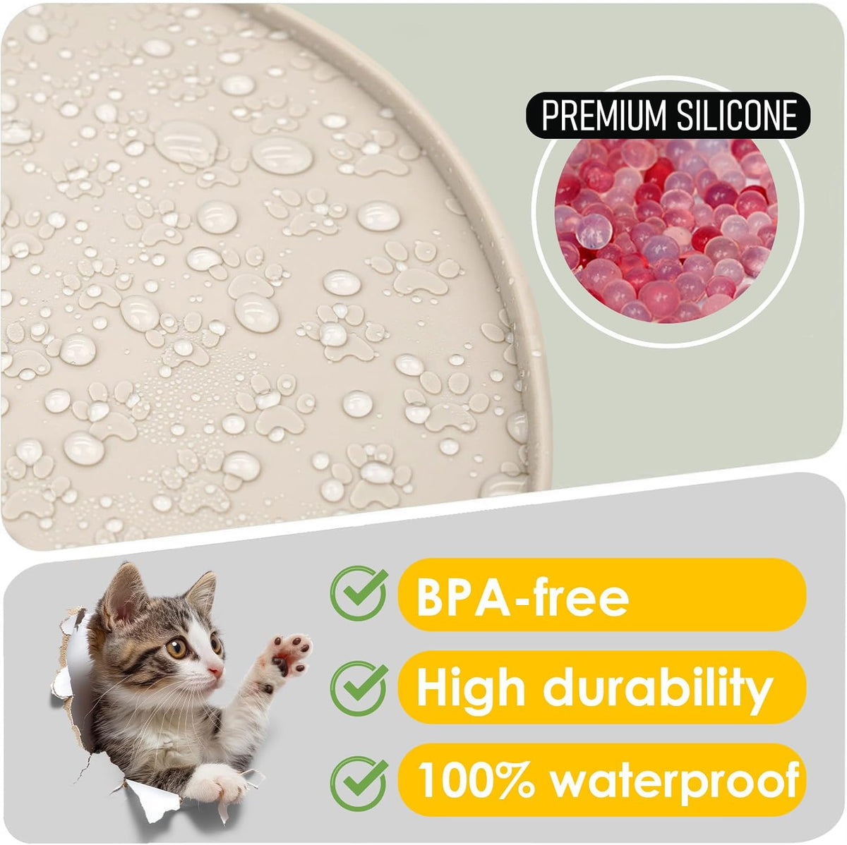 Pet Feeding Mat, Waterproof Anti-Slip Placemats for Dog Cat Bowl Silicone Pet Food Mat, Raised Edge - 1 Beige / 10.9"L x 10.9"W - image 3