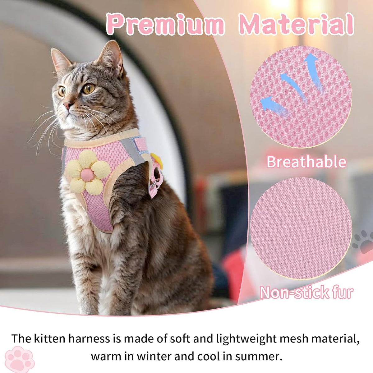 Cat Harness and Leash Set, Escape Proof Soft Vest Walk Pink XS – Essentials for Cats - Sakura pink / Small - image 3