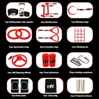 Ninja Warrior Obstacle Course for Kids Backyard with A Pair of Knee Pads, 60’ Ninja Slackline and Slackline Protective Tube with Unique Obstacles Climbing Net, Ninja Wheel, Monkey Bars, Gym Rings