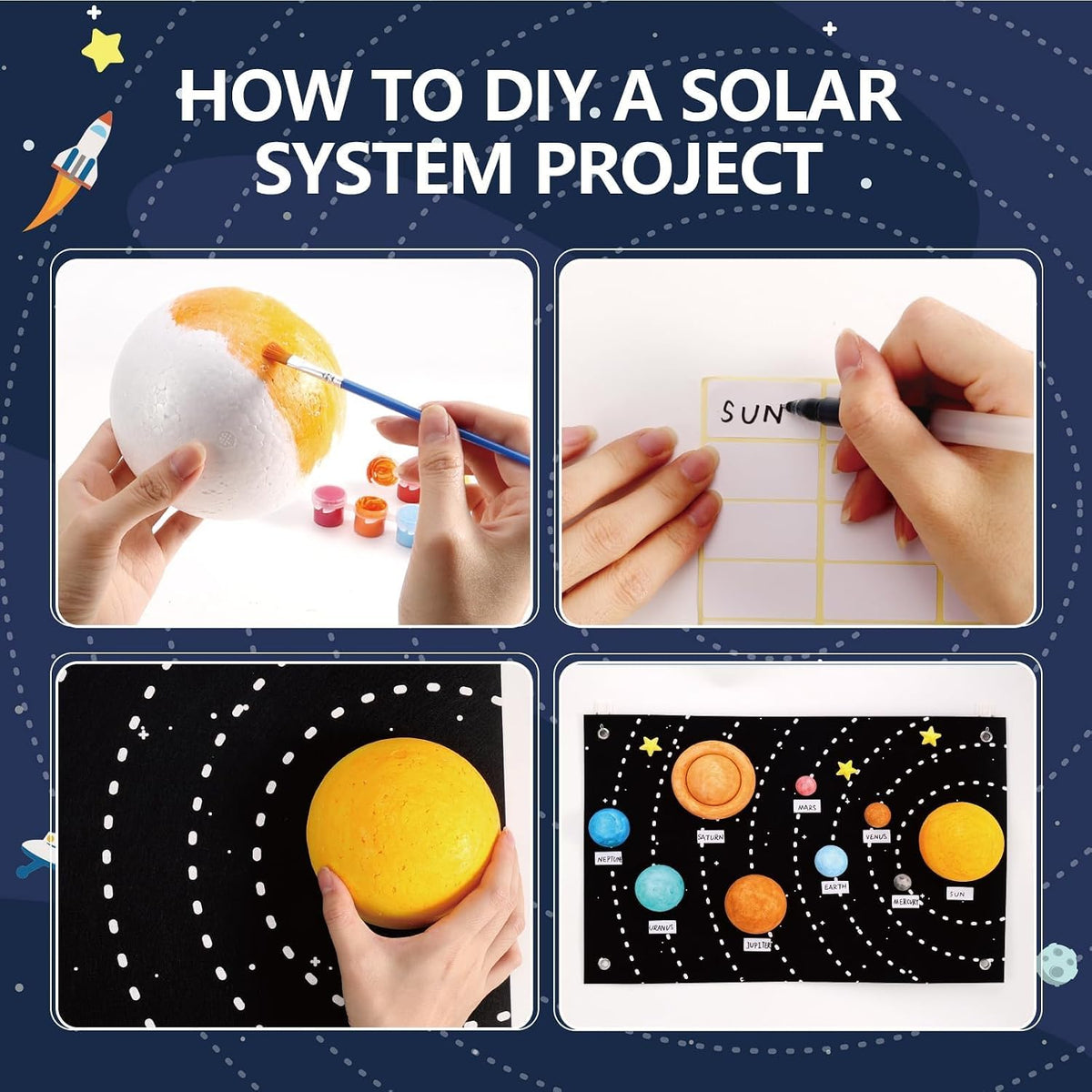 Pllieay solar system model kit with felt background, painted foam planets and stars - view 4