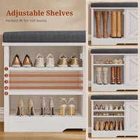 Farmhouse Storage Bench with Flip Drawers & Padded Seat Cushion, Half Hidden Shoe Rack Organizer, Adjustable Shelf Shoe Cabinet for Large Family, Entryway, Bedroom, Living Room (White)