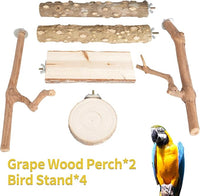 Bird Perches, 6PCS Natural Wood Birds Perch Stand Set, Parakeet Toys, Bird Cage Accessories, Stand & Toys for Parakeets, Cockatiels, Conure, Budgies