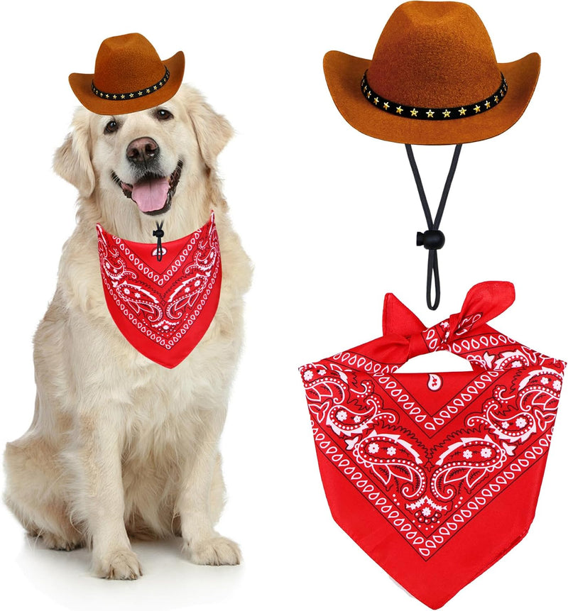 Dog Cowboy Costume, Dog Halloween Costumes Halloween Pet Dogs Cowboy Hat with Bandana Scarf - Brown / Large